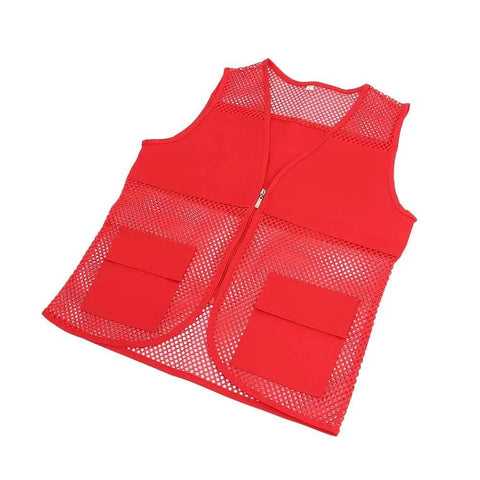 Top Shelf High Visibility Safety Vest Built To Last In Bold Red Mesh Heavy Duty Work Wear With Snug Pockets, front view, breathable material.