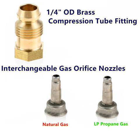 Front view: brass 1/4 in OD compression fitting with interchangeable gas orifice nozzles for natural gas and LP propane.