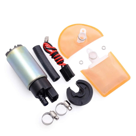 High Performance Fuel Pump Direct Fit For Honda, Acura, Hyundai, Jeep, Infiniti, Suzuki, Chevrolet, Lexus, Chrysler, Ford, Mazda, Mitsubishi With Nylon Strainer And Universal Connector Wire, showing fuel pump, nylon strainer, and connectors