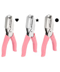 Three Piece Handheld Paper Hole Punch Set With Soft Grip Handles, 5mm, 5.5mm And 6mm Holes, Pink Silver Tone, shown front view