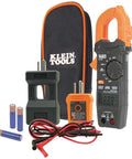 Clamp Meter Electrical Test Kit With Auto Ranging, Measures AC Current Up To 400 Amps, Backlit Display, Includes GFCI Tester, Line Splitter, Pouch, Leads, And Three AAA Batteries.