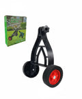 Universal String Trimmer Wheel Support Attaches To Any Weed Eater Turning It Into A Lawn Edger with red wheels.