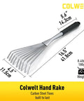 Hand Rake 16.5 Inches For Tight Spots And Flower Beds With 9 Flat Tines