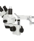 Professional Trinocular Stereo Zoom Microscope With Boom Stand, Long Working Distance, Dual Eyepiece And Trinocular Port For Simultaneous Viewing, Ideal For Circuit Boards, Dental Appliances, And Large Item Inspection, white metal body on boom arm