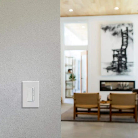 In-Wall Accessory Dimmer For Smart Home Lighting Easy Wall Dimmer Switch For A Single Fixture Or Whole Room in a living room.