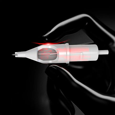 Gen C Round Liner Tattoo Cartridges Featuring Legit Medical Grade Stainless Steel and Slick Silicone Bodies, shown in hand.