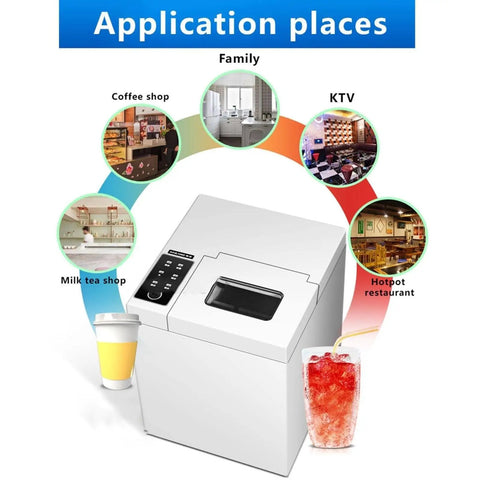 No Fuss Countertop Ice Maker Rolling Out Rapid Chill With Fifteen Kilos Daily Output And Snappy Nine Cube Runs shown in coffee shop setting.