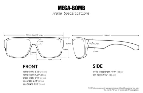Technical drawing of Mens Safety Sunglasses M103GM with measurements, matte black frame and green mirror lens, built for work and play.
