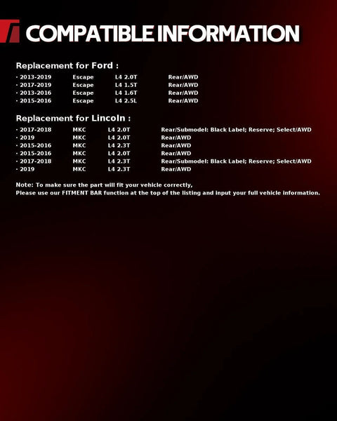 Compatibility chart for Ford Escape AWD and Lincoln MKC AWD models, 2013-2019, highlighting compatible years and specifications.