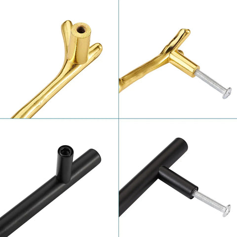Detailed view of 24 PC Resin Tray Handle Set For DIY Cabinets And Drawers showing gold brunch pull and black T-bar handle with screws