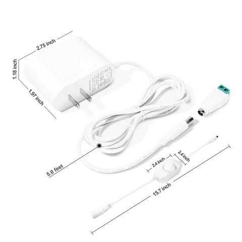 24V LED Power Supply With Dimmer Switch For DIYers Home Lighting 1A UL Listed PWM Stepless Dimming For Smooth Brightness Flicker Free Operation Reliable Constant Voltage Driver For Single Color COB LED Strips, white adapter with cord