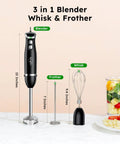 Immersion Hand Blender All In One Electric Stick Blender with Whisk and Milk Frother Attachments displayed on a countertop