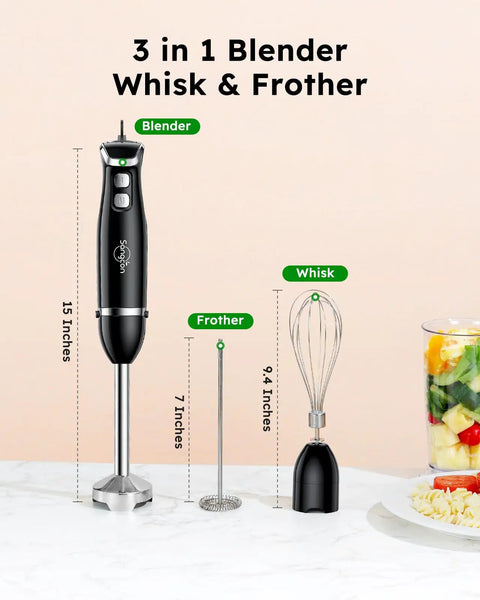 Immersion Hand Blender All In One Electric Stick Blender with Whisk and Milk Frother Attachments displayed on a countertop