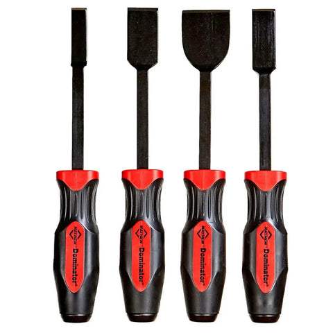 Dominator Straight Scrapers 4 Piece Set For Heavy Duty Gasket Removal Paint Rust Carbon Buildup And Tile Scraping With Sharp Resharpenable Blades And Cap End For Safe Striking displayed vertically