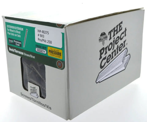 Tough As Nails Brown Square Drive Deck Screws 9 X 3 Inches 250 Pack box featuring ceramic coating details and quantity.