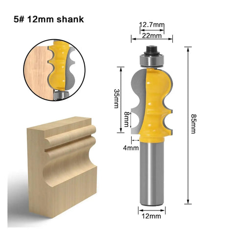 12mm Shank Architectural Molding Router Bit Casing Base Cutter for woodworking with yellow handle and carbide edges.
