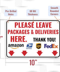 Just Park Your Packages Right Here Porch Sign For Folks And Drivers, Heavy Duty Aluminum Arrow Down Indicator, Bright Weather Proof Print For Stress Free Fedex Ups Mail Drop Off, 10x7 inches, pre-drilled holes.