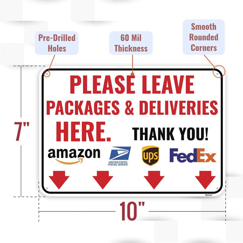 Just Park Your Packages Right Here Porch Sign For Folks And Drivers, Heavy Duty Aluminum Arrow Down Indicator, Bright Weather Proof Print For Stress Free Fedex Ups Mail Drop Off, 10x7 inches, pre-drilled holes.