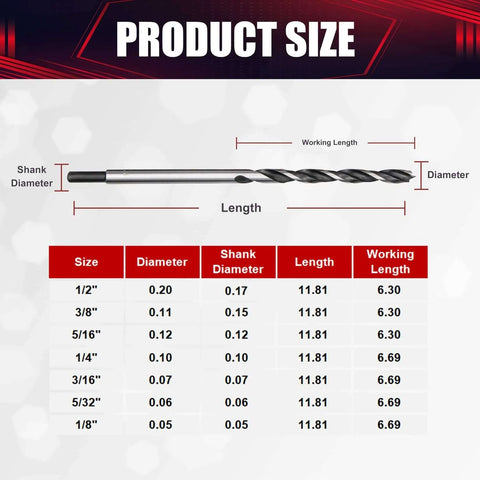 7-piece extra-long brad-point drill bit set in carbon steel; side view showing length diagram and size chart.
