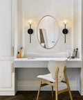 Lit Black Crystal Vanity Lights Set Of 2 Industrial Mid Century Wall Sconces for Bathroom beside oval mirror