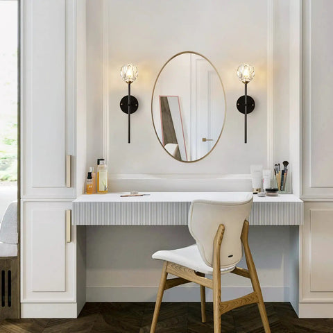 Lit Black Crystal Vanity Lights Set Of 2 Industrial Mid Century Wall Sconces for Bathroom beside oval mirror