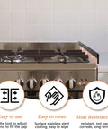 Extra Wide 25.6 Inch Stainless Steel Stove Gap Covers With Buckle Installation shown sealing gap between stove and counter.