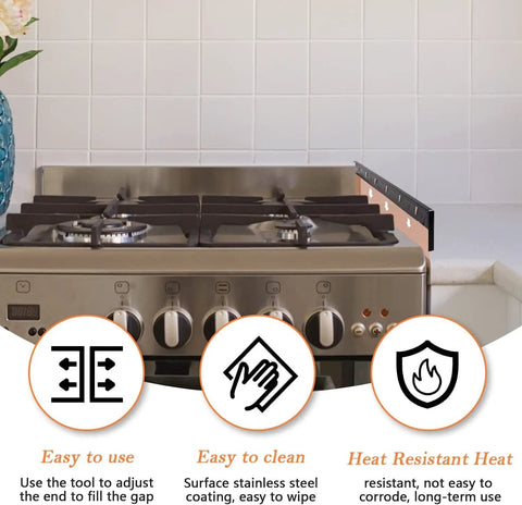 Extra Wide 25.6 Inch Stainless Steel Stove Gap Covers With Buckle Installation shown sealing gap between stove and counter.
