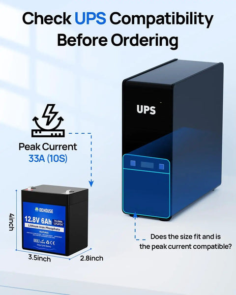 12V 6Ah Mini LiFePO4 Deep Cycle Battery with Built In BMS next to UPS unit for size comparison.