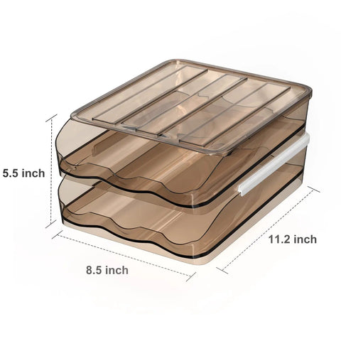 36 Count Large Capacity Egg Holder for Refrigerator with Automatic Rolling Tray and Lid, dimensions shown, 2-layer PP container