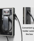 Beefed Up Locking EV Charger Weatherproof Enclosure Heavy Gauge Steel Floor Mount with clear door and EV cable holder.
