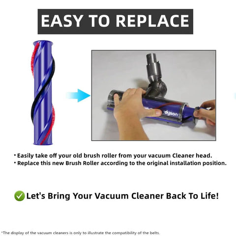 Replacement Brush Roller For Dyson V6 Vacuum Cleaner Head 966084-01 installation process shown in two steps.