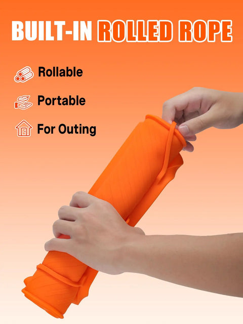 Person holding orange Rollable Silicone Grill Mat For Griddle Tools And BBQ Accessories with built-in rolled rope feature.