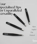 Stainless Steel Precision Tweezer Set With Mirror Case Four Piece Kit Includes Classic, Slanted, And Pointed Tips For Fine Grips And Detail Work, Durable Surgical Stainless Steel For Grooming, Crafting, And Beauty shown with four tips on display.