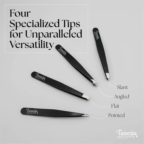 Stainless Steel Precision Tweezer Set With Mirror Case Four Piece Kit Includes Classic, Slanted, And Pointed Tips For Fine Grips And Detail Work, Durable Surgical Stainless Steel For Grooming, Crafting, And Beauty shown with four tips on display.