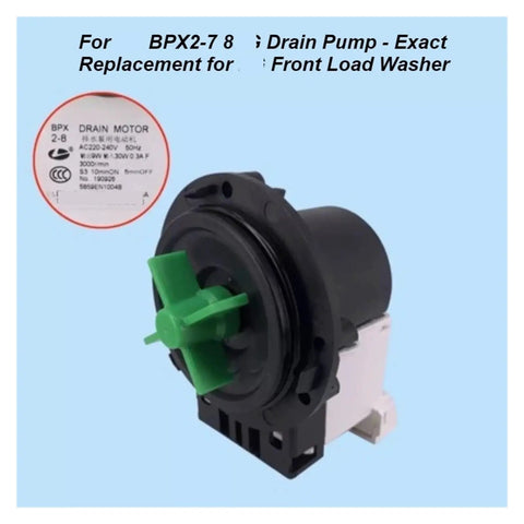 Front Load Washing Machine Drain Pump Replacement BPX2-7 DIY-Friendly Direct-Fit For Front-Load Washers With Durable Composite Housing, Balanced Impeller, Easy Install Seamless Model Alignment, black pump with green impeller