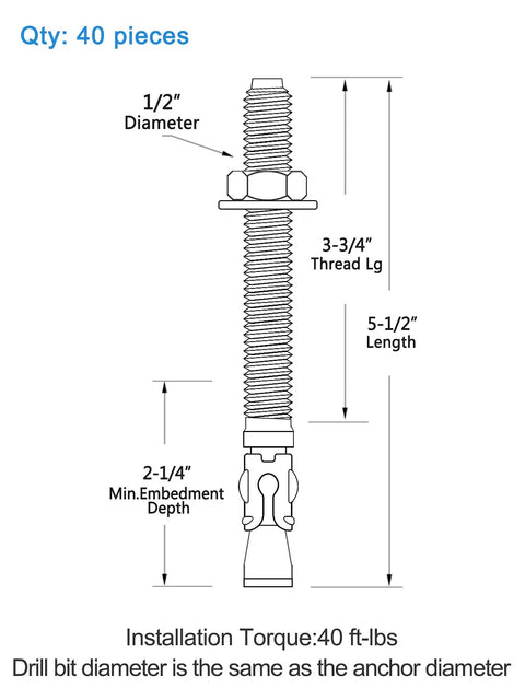 Diagram of 1/2 Inch By 5-1/2 Inch Wedge Anchors Zinc Plated Heavy Duty Fasteners For Concrete, showing dimensions and specifications