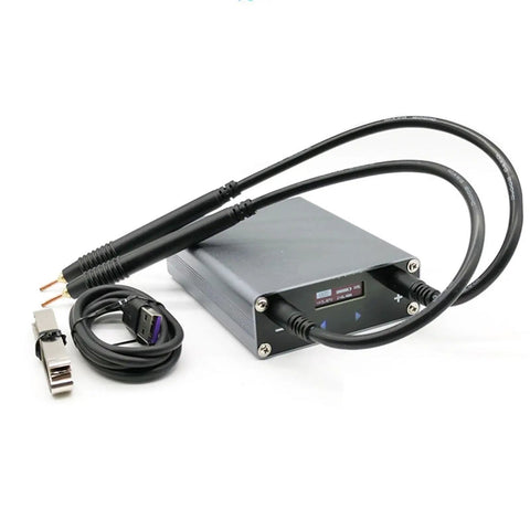 Portable Handheld Spot Welder Micro Cordless On The Go With Rechargeable Battery and cables shown