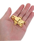 Cool Vintage Duckbill Hasp Latches For Secure Wooden Boxes And Storage Lockers held in a hand, showcasing gold metal material.