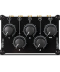 Front view of MC5 Mini Portable Stereo Mixer with four 3.5mm inputs, one 3.5mm output, passive no power needed.