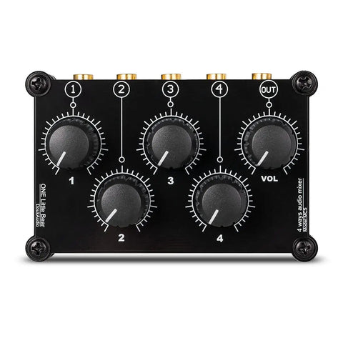 Front view of MC5 Mini Portable Stereo Mixer with four 3.5mm inputs, one 3.5mm output, passive no power needed.