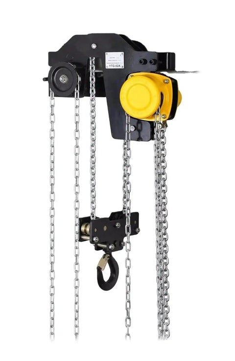 Portable 3 Ton Mini Chain Hoist Built With Slick Gears And Kickass Steel Chains For Tight Low Headroom Shops showing lifting hook and chains.