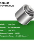 Rock Solid One Point Two Five Inch Double Female NPT Pipe Coupler 304 Stainless Steel Heavy Duty Rust Proof Connector dimension details.