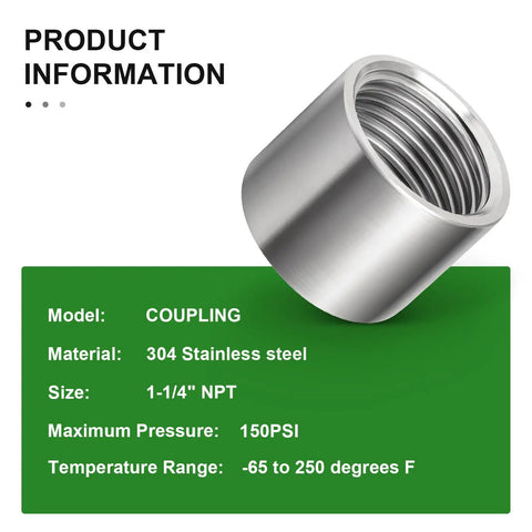 Rock Solid One Point Two Five Inch Double Female NPT Pipe Coupler 304 Stainless Steel Heavy Duty Rust Proof Connector dimension details.
