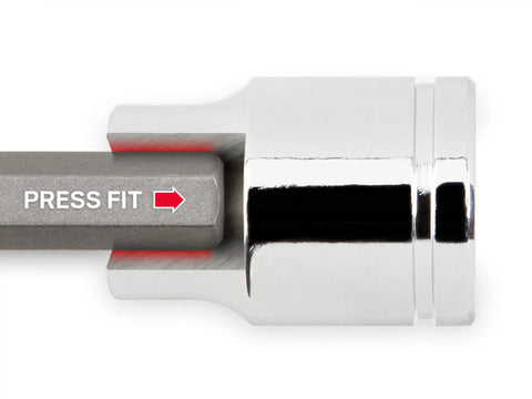 Close-up of Three Eighths Inch Drive Torx Bit Set With External Star Sockets And Case showing press fit detail on bit shaft.