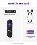 Roku Streaming Stick, voice remote, power cable, and two pre-installed batteries for Next Level HD Media Stick Player.