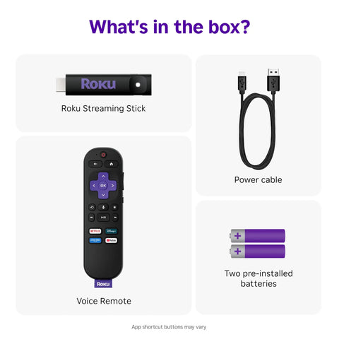 Roku Streaming Stick, voice remote, power cable, and two pre-installed batteries for Next Level HD Media Stick Player.