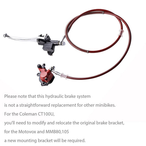 Mini bike hydraulic disc brake system with red braided hose and black lever, for Baja Doodle Bug.