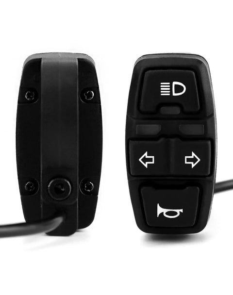 Ride Ready All In One 3 In 1 Motorcycle Handlebar Control Switch With Headlight Turn Signal And Horn Mount On 22mm Seven Eighth Inch Handlebars For Motorbikes Electric Bikes And Scooters 12V To 48V Compatible, showing front and side view of controls.