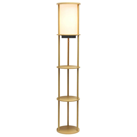 62.5 Inch Round Modern Shelf Etagere Floor Lamp With USB Ports And Outlet Linen Shade In Soft Light Pink Finish Tall Storage Organizer For Living Room Bedroom Office