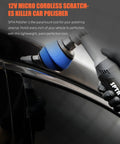 Cordless Mini Car Polisher 12V Micro Random Orbital Buffer For Polishing Sanding And Cleaning Your Vehicle Lightweight Scratch Killer For A Flawless Paint Finish shown in close-up view on vehicle surface.